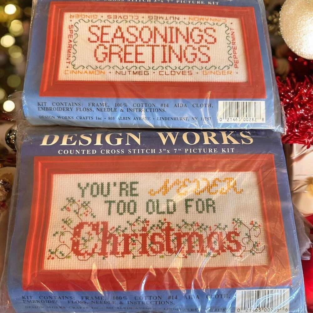 VTG 2 Design Works Counted Cross Stitch 3X7 Picture Kit Christmas w/ Red Frames